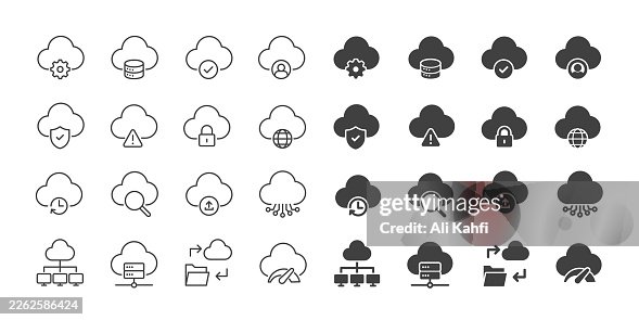 Cloud computing icons collection. Editable stroke. Thin line and glyph solid style series icons Cloud computing icons collection. Editable stroke. Thin line and glyph solid style series icons