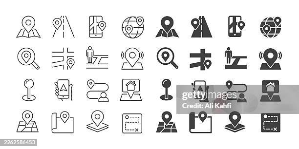 map pin icons collection. editable stroke. thin line and glyph solid style series icons - accurate world map vector stock illustrations