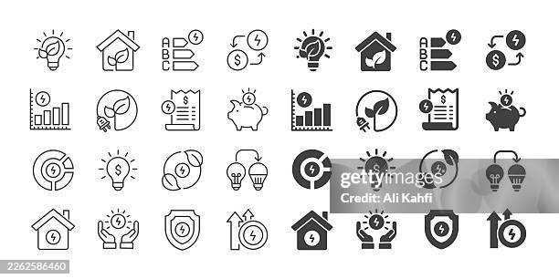 energy efficiency icons collection. editable stroke. thin line and glyph solid style series icons - energy transition stock illustrations
