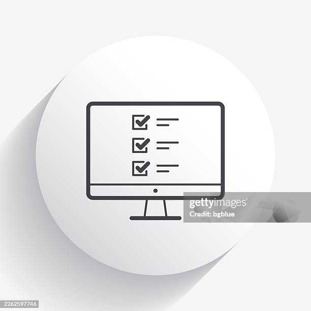 desktop computer with checklist. icon on circle button with long shadow - using desktop computer at home stock illustrations