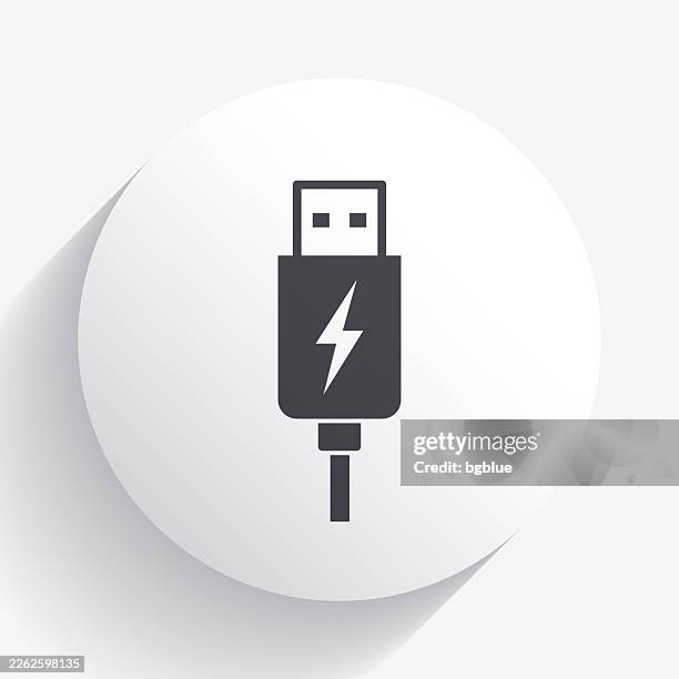 usb charging plug. icon on circle button with long shadow - network connection plug stock illustrations