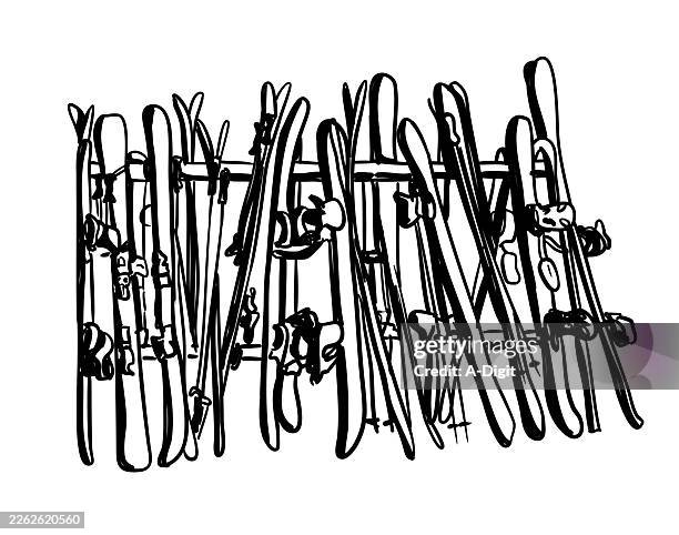 skis & snowboard on a rack ink drawing - rack stock illustrations