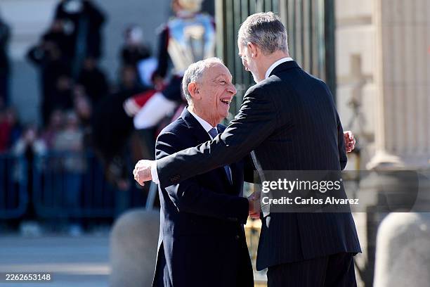 King Felipe VI of Spain receive Portuguese President Marcelo Rebelo de Sousa at the Royal Palace on February 20, 2026 in Madrid, Spain.