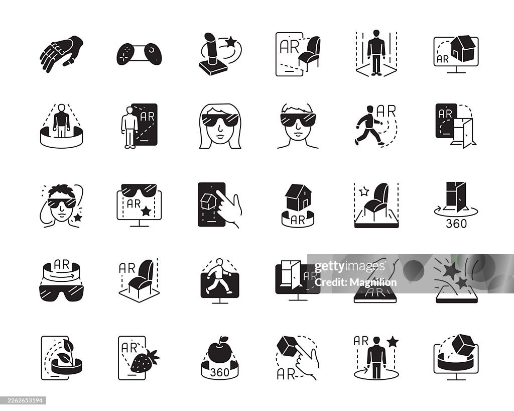 Virtual Reality Black Line Icons Set Featuring Augmented Reality Interface, VR Headset Users, 360 View, Gesture Control, Gaming, Hologram Screens, AR Home Preview, and Mixed Reality Tools