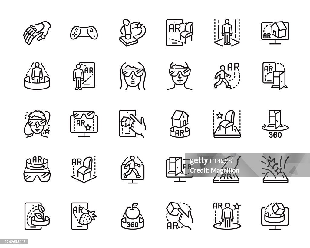 Virtual Reality Editable Stroke Line Icons Set Featuring Augmented Reality Interface, VR Headset Users, 360 View, Gesture Control, Gaming, Hologram Screens, AR Home Preview, and Mixed Reality Tools