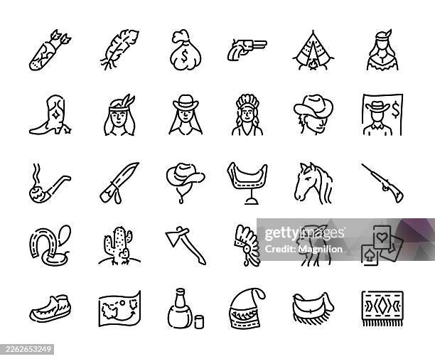 wild west frontier vintage editable stroke icon set with cowboy, native american, weapons, camp, horse, money bag, cards, hat, boots, cactus, map, whiskey bottle, rug, and feather - teepee stock illustrations