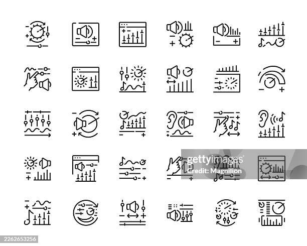 volume control editable stroke icons set with speaker, equalizer, sliders, mute, gain, audio settings, waveform, meter, and ui sound adjustment symbols for apps, dashboards, and media players - waveform monitor stock illustrations
