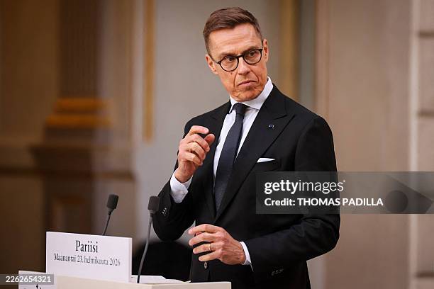 Finland's President Alexander Stubb and France's President deliver a joint statement at The Elysee Presidential Palace in Paris on February 23, 2026.
