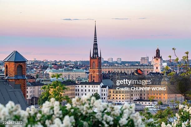 stockholm skyline with riddarholmen church at sunset - svensk sommar bildbanksfoton och bilder