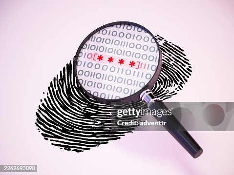 Exploring data security and digital identity through magnifying glass on binary code and fingerprint Exploring data security and digital identity through magnifying glass on binary code and fingerprint