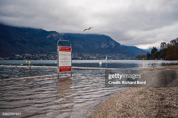 General view of the Annecy lake from the Marquisats beach on February 20, 2026 in Annecy, France. The Annecy lake's water level has risen by 20 cm in...