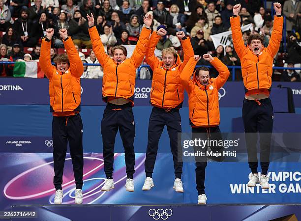 Gold medalists Jens van 't Wout, Teun Boer, Friso Emons, Melle van 't Wout and Itzhak de Laat of Netherlands celebrate on the podium during the medal...