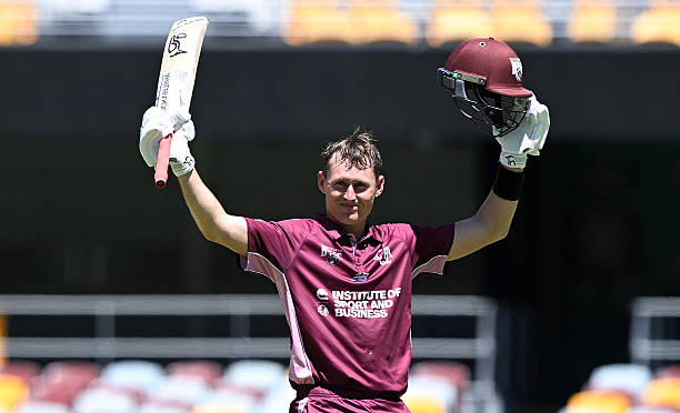 Marnus Labuschagne of Queensland celebrates after scoring a century during the One Day Cup match between Queensland and South Australia at The Gabba,...