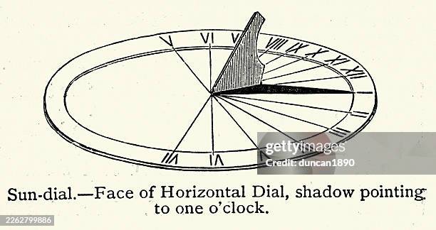 sun dial shadow pointing to one o'clock, victorian, vintage illustration, 19th century - sundial stock illustrations