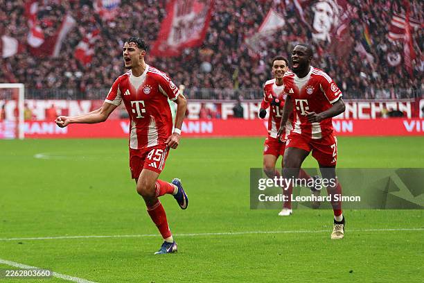 Aleksandar Pavlovic of FC Bayern Munich celebrates scoring his team's first goal during the Bundesliga match between FC Bayern München and Eintracht...