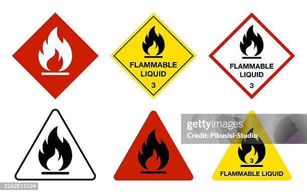 flammable liquid hazard warning sign set with fire symbol - flammable stock illustrations