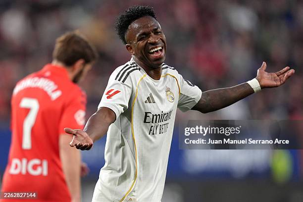Vinicius Junior of Real Madrid reacts during the LaLiga EA Sports match between CA Osasuna and Real Madrid CF at Estadio El Sadar on February 21,...