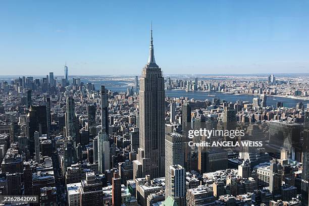 An aerial view of the Empire State Building and other Manhattan buildings is seen from SUMMIT One Vanderbilt on February 24, 2026 in New York City.