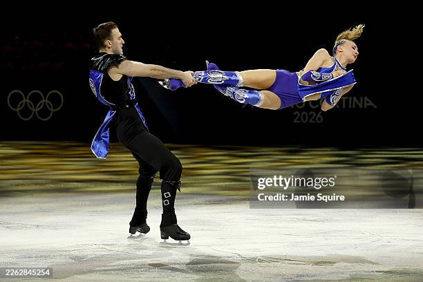 Anastasiia Metelkina and Luka Berulava of Team Georgia perform in the Pair Skating routine during a Figure Skating Exhibition Gala on day fifteen of...