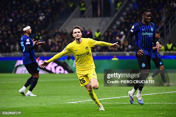 Bodo/Glimt's Norwegian forward Hakon Evjen celebrates scoring his team's second goal during the UEFA Champions League second-leg play-off football...