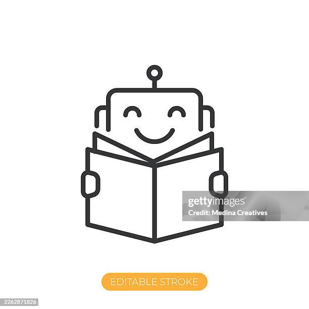 robot reading a book icon. editable stroke thin line icon - virtual book reading stock illustrations