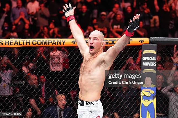 Sean Strickland reacts after a TKO victory against Anthony Hernandez in a middleweight fight during the UFC Fight Night event at Toyota Center on...
