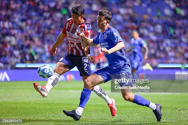 Jose Castillo of Chivas and Jose Paradela of Cruz Azul fight for the ball during the 7th round match between Cruz Azul and Chivas as part of the...