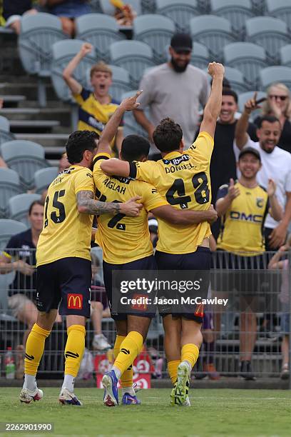 Ali Auglah of the Mariners celebrates scoring a goal during the round 18 A-League Men match between Central Coast Mariners and Western Sydney...