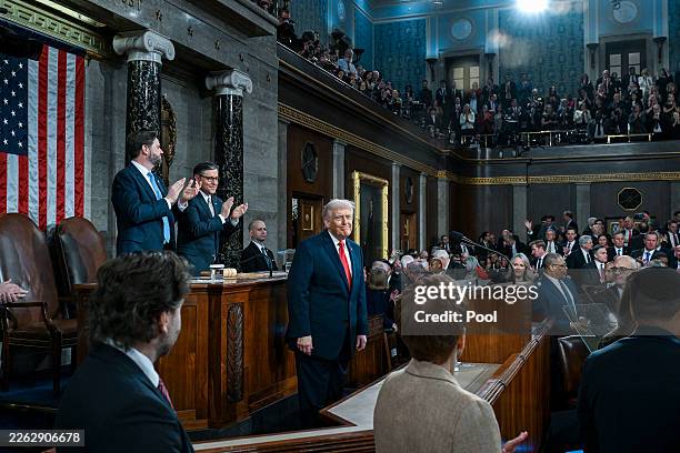 President Donald Trump delivers the State of the Union address during a joint session of Congress in the House Chamber at the Capitol on February 24,...