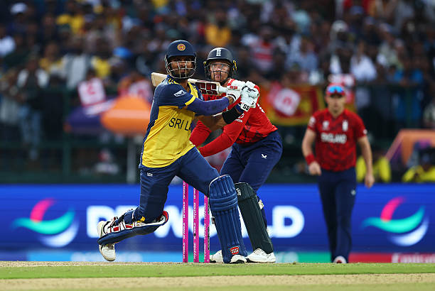 Dasun Shanaka of Sri Lanka hits out during the ICC Men's T20 World Cup India & Sri Lanka 2026 Super 8 match between Sri Lanka and England at...