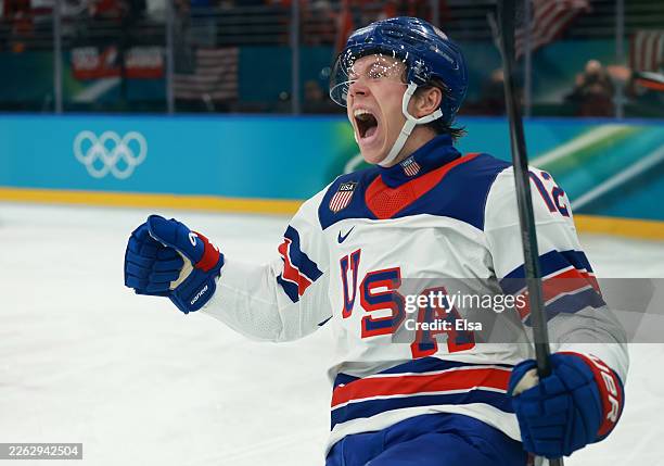 Matt Boldy of Team United States celebrates after scoring a goal in the first period during the Men's Gold Medal match between Canada and the United...
