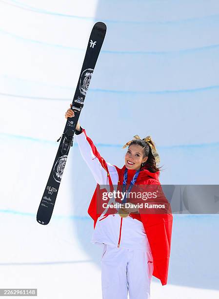 Gold medalist Ailing Eileen Gu of Team People’s Republic of China celebrates during the medal ceremony for the Women's Freeski Halfpipe Final on day...
