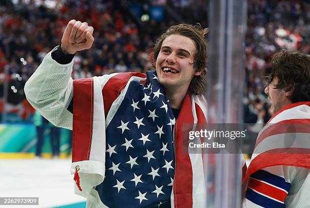 Jack Hughes of Team United States celebrates after their gold-medal win during the Men's Gold Medal match between Canada and the United States on day...