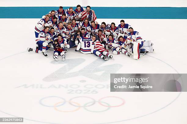 Gold medalist Team United States pose for photograph during the medal ceremony following the Men's Gold Medal match between Canada and the United...