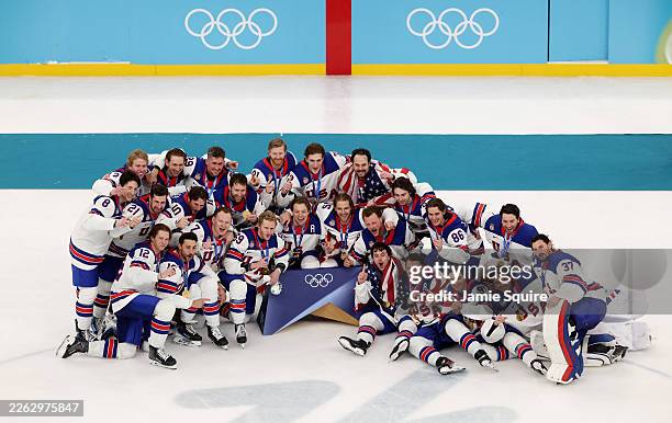 Gold medalist Team United States pose for photograph during the medal ceremony following the Men's Gold Medal match between Canada and the United...