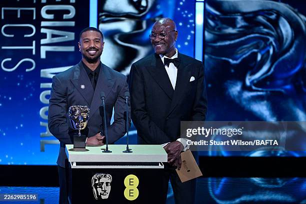 Michael B. Jordan and Delroy Lindo present the Special Visual Effects Award on stage during the EE BAFTA Film Awards 2026 at The Royal Festival Hall...