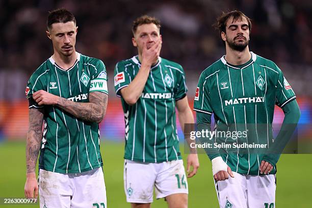 Marco Friedl and Cameron Puertas of SV Werder Bremen looks dejected following the Bundesliga match between FC St. Pauli and SV Werder Bremen at...