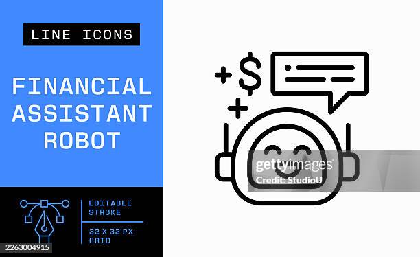 financial assistant robot editable stroke line icon - fintech ai stock illustrations