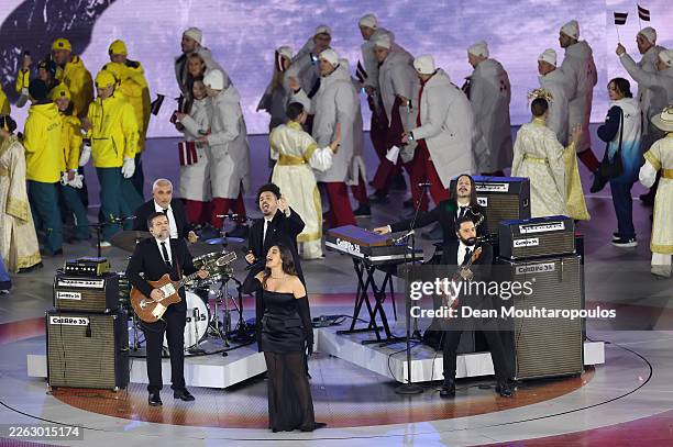 Margherita Vicario and Davide Shorty perform with Calibro 35 on stage during the Milano Cortina 2026 Winter Olympics Closing Ceremony on day sixteen...