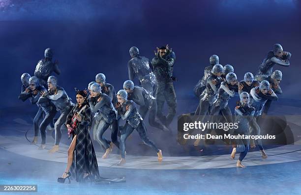 Joan Thiele performs a song during the Milano Cortina 2026 Winter Olympics Closing Ceremony on day sixteen of the Milano Cortina 2026 Winter Olympic...
