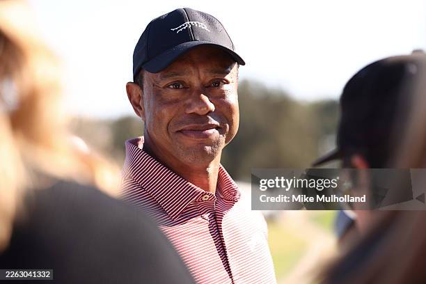 Tiger Woods of the United States looks on from the 18th green during the final round of The Genesis Invitational 2026 at Riviera Country Club on...