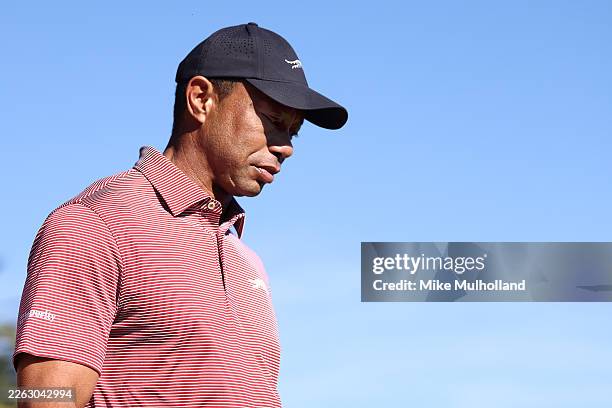 Tiger Woods of the United States looks on from the 18th green during the final round of The Genesis Invitational 2026 at Riviera Country Club on...