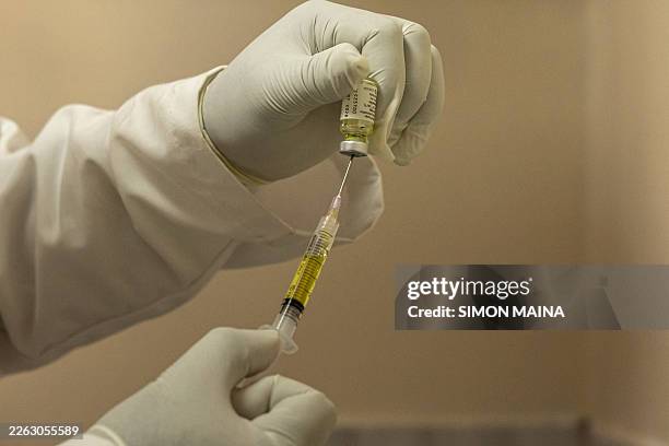 Clinician fill a syringe a dose of the long-acting injectable HIV pre-exposure prophylaxis , Lenacapavir injection before administering to a client,...