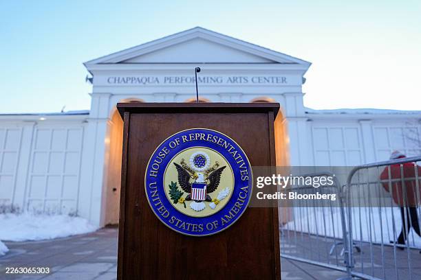 The seal of the House of Representatives on a podium outside the Chappaqua Performing Arts Center in Chappaqua, New York, US, on Thursday, Feb. 26,...