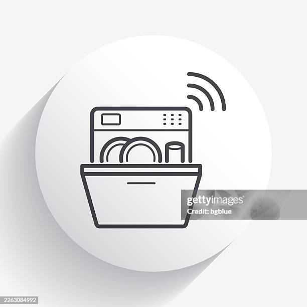 smart dishwasher. icon on circle button with long shadow - cleaning electronics stock illustrations