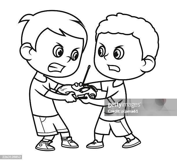 little kid pulling toy with friend and feel angry. - mini split stock illustrations