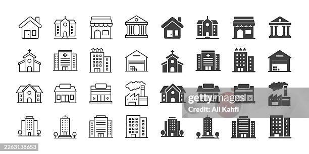 building icons collection. editable stroke. thin line and glyph solid style series icons - county courthouse stock illustrations