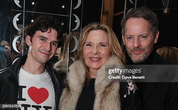 Conner Ives, Kim Cattrall and Russell Thomas pose backstage at the Conner Ives show during London Fashion Week February 2026 at Claridge's Hotel on...