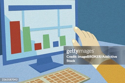 A hand interacts with a computer screen displaying colorful bar graphs and line charts, representing data analysis The workspace is simple with a keyboard nearby, indicating business operations A hand interacts with a computer screen displaying colorful bar graphs and line charts, representing data analysis The workspace is simple with a keyboard nearby, indicating business operations