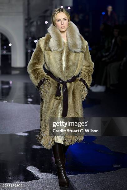 Edie Campbell walks the runway at the Burberry show during London Fashion Week February 2026 at Old Billingsgate on February 23, 2026 in London,...
